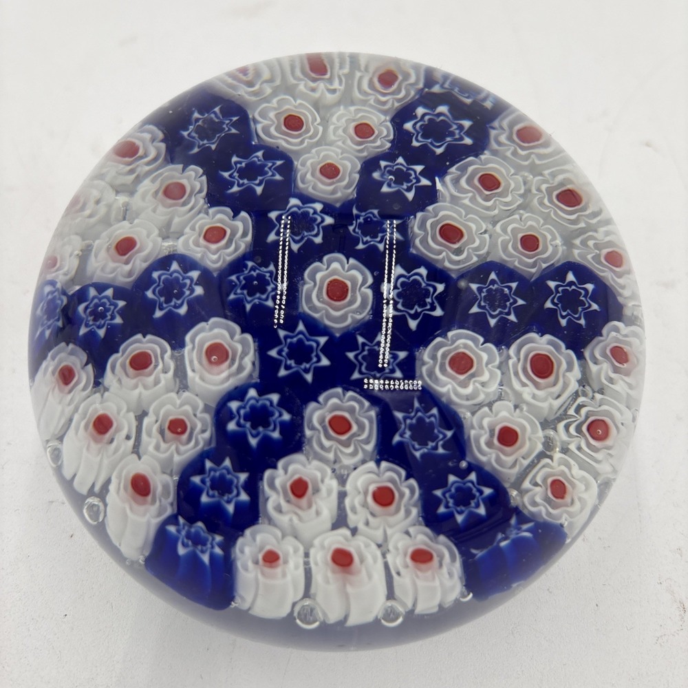 Millefiori Floral Flower Blue Red Art Glass Heavy Paperweight Murano Style     H